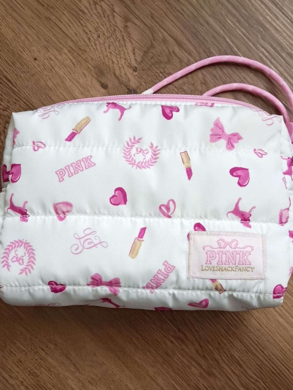 LoveShackFancy White and Pink Quilted Cosmetic Pouch
